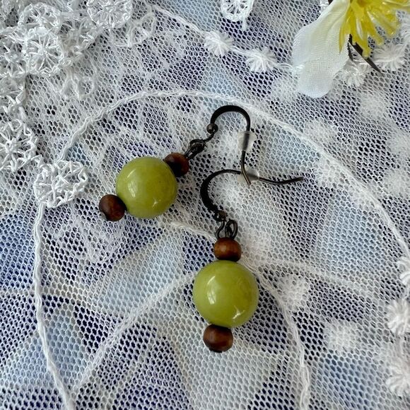 Cute Green Bead & Wood Drop Earrings - Picture 3 of 6